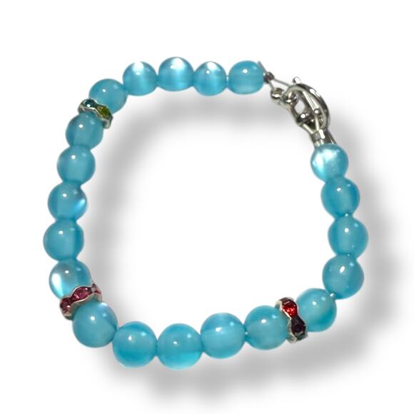 Handmade Blue Tiger Eye & Green Red Crystal Bracelet 7.75" - Picture 3 of 7